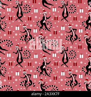 Ok Computer avec mignon motif transparent des lémuriens. Animaux de Madagascar en bonnets rouges avec des flocons et boîtes présentes sur fond rose. Vector illustration. Illustration de Vecteur