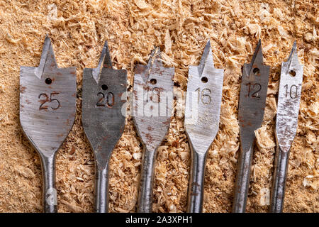 Bois forets en acier disposés sur la sciure. Accessoires de menuiserie mécanique pour le drainage. Fond clair. Banque D'Images