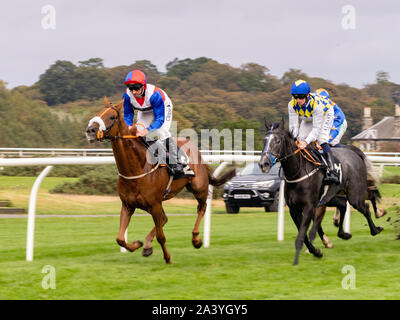 Daniel Jockey Tudhope sur la façon bizarre sur leur façon de gagner le Régiment Royal d'Écosse Handicap à Musselburgh - 29 septembre 2019. Banque D'Images