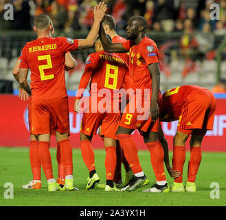 Bruxelles, Belgique. 10 Oct, 2019. Romelo Lukaku (2e R) de la Belgique célèbre un but avec ses coéquipiers pendant l'UEFA Euro 2020 tour Groupe I match entre la Belgique et Saint-marin à Bruxelles, Belgique, 10 octobre 2019. Credit : Riccardo Pareggiani/Xinhua/Alamy Live News Banque D'Images