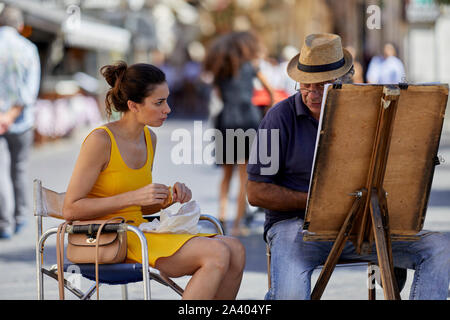 La peinture de l'artiste portrait of girl in Taormina, Sicile Banque D'Images