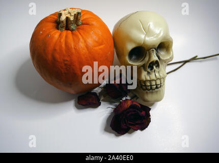 Simple, convivial du budget table Halloween d'un crâne, roses, et de citrouille sur fond blanc Banque D'Images