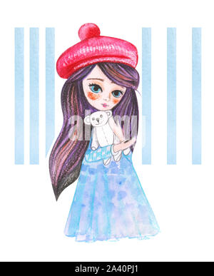 Illustration aquarelle dessin petite princesse en robe bleu et béret rouge sur un fond blanc Banque D'Images