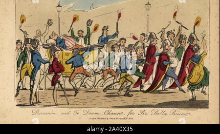 Procession des retrouvailles pour William Curtis, lord-maire de Londres, 1821. Les échevins et les commerçants portent des torches à côté du chariot. Procession et Te Deum Chaunt pour sir Billy biscuit. Gravure coloriée de Pierce Egan's Real Life en Irlande, ou le jour et les scènes de nuit, mèches, Ramblas, et extravagantes, taureaux, erreurs, Bodderation Blarney et de Brian Boru, Esq., et son élégant ami Sir Shawn O'Dogherty, publié par William Evans, Londres, 1829. Banque D'Images