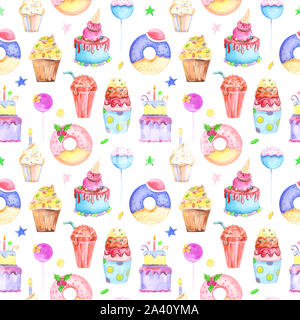 Illustration modèle transparent dessiné par aquarelle : confiserie gâteaux, muffins, macarons sur l'arrière-plan. Banque D'Images