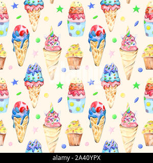 Illustration modèle transparent dessiné par aquarelle : confiserie gâteaux, muffins, macarons sur l'arrière-plan. Banque D'Images