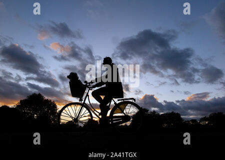 Un cycliste avec son chien dans un panier, manèges accueil en vertu d'un coucher de soleil orageux dans un parc de Londres Banque D'Images