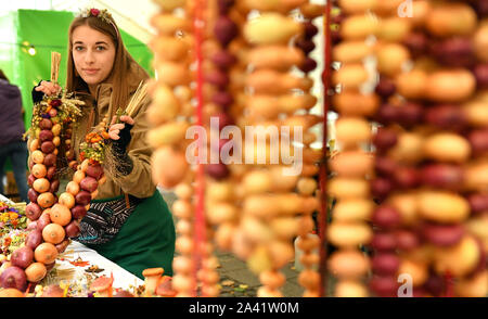 Weimar, Allemagne. Oct 11, 2019. Swantje Pötzschke vend à l'oignon tresses 366Oignons de Weimar. À la vente 500 Zwiebelmarkt et plusieurs étapes dans le centre-ville offrent des divertissements, autour de 60 stands ont été mis en place par les agriculteurs de l'oignon. L'année dernière, le festival a attiré environ 360 000 visiteurs. Crédit : Martin Schutt/dpa-Zentralbild/dpa/Alamy Live News Banque D'Images