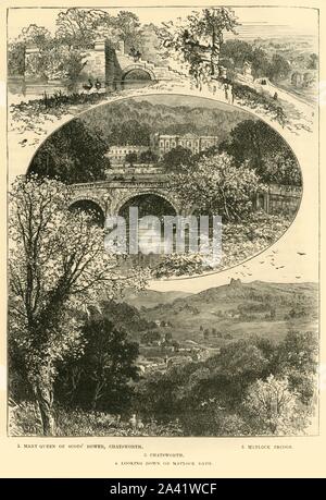 "Vues de Chatsworth et Matlock', 1898. Chatsworth House Stately Home sur la rivière Derwent, siège du duc de Devonshire accueil à la famille Cavendish depuis 1549 et initialement acheté par William Cavendish et Bess de Hardwick. À partir de "notre propre pays, Volume II". [Cassell et Company, Limited, Londres, Paris &AMP ; Melbourne, 1898] Banque D'Images