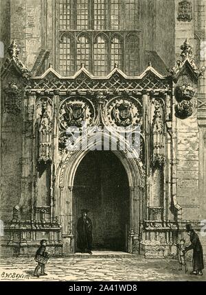 "Oorway de King's College Chapel', 1898. King's College à l'Université de Cambridge, considéré comme l'un des plus beaux exemples d'architecture gothique perpendiculaire tardif anglais. À partir de "notre propre pays, Volume II". [Cassell et Company, Limited, Londres, Paris &AMP ; Melbourne, 1898] Banque D'Images