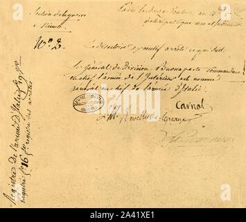 Décret de la direction exécutive, 2 mars 1796 (1921). 'Arr&# xea;t&# xe9 ; du Directoire ex&# xe9;cutif, 12 Vent&# xf4;se un IV. Nomination de Bonaparte au commandement en chef de l'arm&# xe9;e d'Italie. Minutes de la main du g&# xe9;n&# xe9;ral Clarke, signer&# xe9;e de Carnot, la R&# xe9;velli&# xe8;re-L&# xe9;bravache et Tourneur." Lettre écrite par le général Clarke, de mises en candidature Napoléon Bonaparte (1769-1821) en tant que chef de l'armée d'Italie, (partie de l'armée française). Télécopieur document à partir de "Napoléon", par Raymond Guyot. [H. Floury, Paris, 1921] Banque D'Images