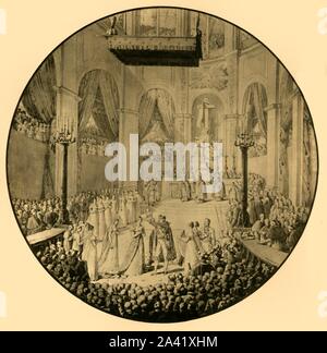 Baptême de Napoléon II, Notre Dame, Paris, 10 juin 1811, (1921). 'Bapt&# xea;moi du roi de Rome &# xe0 ; Notre-Dame de Paris'. Napoléon (1811-1832), le "Roi de Rome" et héritier de l'Empereur Napoléon I, a été baptisé dans la cathédrale de Notre Dame. Dans une rupture avec la tradition, son père le tenait en altitude pour le public de voir. Dessin réalisé en 1814, étude pour un S&# xe8;vres vase en porcelaine. À partir de "Napoléon", par Raymond Guyot, [H. Floury, Paris, 1921] Banque D'Images
