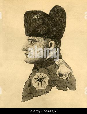 Caricature de Napoléon, c1814, (1921). 'Ce portrait hiéroglyphique du destructeur est fidèlement copiée à partir d'une impression allemand, avec la parodie de ses titres d'emprunt. La hat du destroyer représente un Aigle français décontenancés, mutilés et accroupi, après son conflit avec les aigles du nord. Son visage est composé des carcasses des victimes de sa folie et l'ambition, qui ont péri sur les plaines de Russie et de Saxe. Sa gorge est entourée de la mer Rouge, en allusion à ses hôtes se sont noyés. Sa main est une épaulette, menant la confédération rhénane, sous le symbole fragile de la Co Banque D'Images