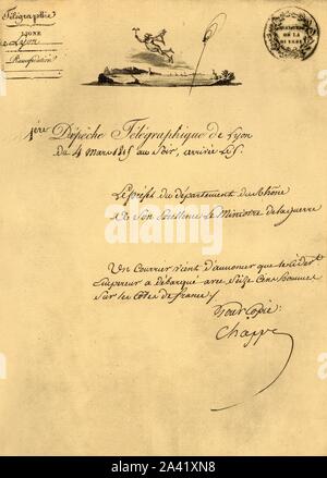 Première expédition de télégraphe de Lyon, 4 mars 1815, (1921). 'Premi&# xe8;re d&# xe9;p&# xea;che t&# xe9;l&# xe9;actualités de Lyon'. Message envoyé à l'aide de l'inventeur français Claude Chappe (1763-1805) télégraphe optique (sémaphore), conçu en 1793. Les messages ont été convertis en utilisant des sémaphores les bras sur le dessus des tours à répétition qui ont été placés de 12 à 25 km (10 à 20 milles). Le message a été lu à travers un télescope, puis relayée au prochain tour. Les messages envoyés de Paris pourrait atteindre les limites du pays dans l'espace de trois ou quatre heures. Avant, il avait pris despatc Banque D'Images