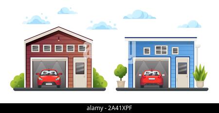 Deux garages avec différentes voitures à l'intérieur rouge et vert près de plantes, ciel avec nuages, vector illustration. Illustration de Vecteur