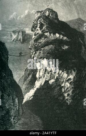 'Carrick-A-Rede', c1870. Carrick-a-Rede dans le comté d'Antrim, Irlande du Nord liens le continent avec l'île de Carrickarede au-dessus de l'océan Atlantique. À partir de "l'Europe pittoresque - Les îles Britanniques, Tome II". [Cassell, Petter &AMP ; Galpin, Londres, c1870] Banque D'Images