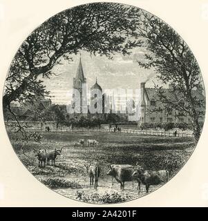 "Christ Church, de Merton Meadows', c1870. Flèche de l'église de l'Université de St Marie la Vierge de Merton Domaine à Christ Church Meadow, Oxford, Angleterre. À partir de "l'Europe pittoresque - Les îles Britanniques, Tome II". [Cassell, Petter &AMP ; Galpin, Londres, c1870] Banque D'Images