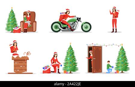 Nouvelle année, fêtes de Noël. Les illustrations Donner des cadeaux femme en costume père noël télévision caractère. Vacances d'hiver articles, ambiance de fête, Noël livraison isolé sur fond blanc Illustration de Vecteur