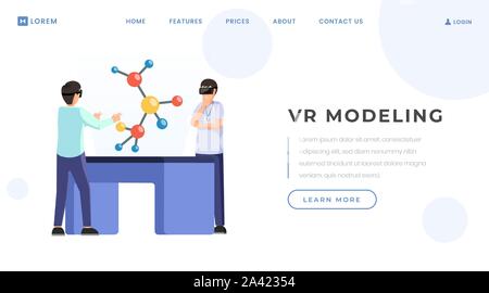 Modélisation VR landing page modèle de scénario. La science, de la technologie de pointe de l'innovation accueil du site l'idée d'interface avec l'illustration. La recherche de la réalité virtuelle concept dessin animé bannière web Illustration de Vecteur