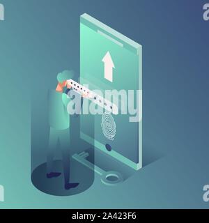 Homme entrant mot caractère isométrique. L'accès d'empreintes digitales à balayage 3D de vecteur système cartoon illustration. L'information confidentielle, de sécurité, de protection des comptes, de versement des paiements sécurisés Illustration de Vecteur