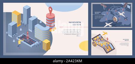 Logiciel de navigation des modèles vecteur bannière définie. Application GPS Mobile, système de positionnement intelligent des affiches publicitaires de la mise en page. Cartes et illustrations isométriques de transport avec l'espace de texte Illustration de Vecteur