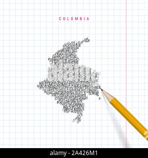 Colombie croquis scribble carte dessinée sur ordinateur portable à l'école à carreaux papier fond. Hand drawn vector carte de la Colombie. Crayon 3D réaliste. Illustration de Vecteur