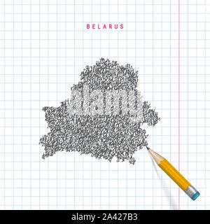Le Bélarus sketch scribble carte dessinée sur ordinateur portable à l'école à carreaux papier fond. Hand drawn vector map du Bélarus. Crayon 3D réaliste avec du caoutchouc. Illustration de Vecteur