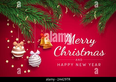 Carte de vœux de Noël modèle de scénario. Joyeux Noël et bonne année carte postale, maison de vacances bannière concept. Baubles fête accroché sur les branches de sapins illustration réaliste avec typographie Illustration de Vecteur