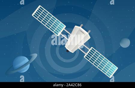 L'envoi par satellite télévision signal illustrations vectorielles. L'équipement de télécommunication moderne des ondes radio de la radiodiffusion, la transmission de données. La technologie de l'exploration spatiale, les satellites volant dans cosmos Illustration de Vecteur