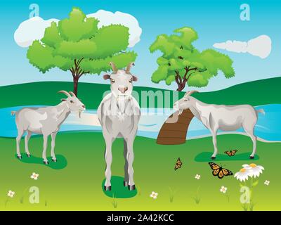 Paysage d'été avec curieux chèvre, arbres, rivière, fleurs et papillons. Illustration de Vecteur