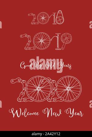 Au revoir vieux ans et nouvelle année 2020 bienvenue illustration vectorielle, location part dessiné sur fond rouge Illustration de Vecteur