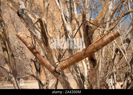 Arc et carquois avec flèches d'un chasseur Bushman San ou accrochée à un Bush à sec, sans personnage Banque D'Images