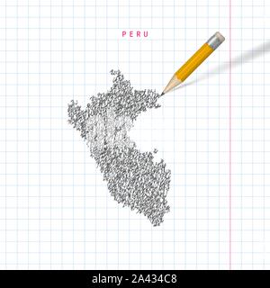 Pérou croquis scribble carte dessinée sur ordinateur portable à l'école à carreaux papier fond. Hand drawn vector map du Pérou. Crayon 3D réaliste avec du caoutchouc. Illustration de Vecteur