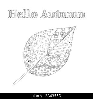 Zentangle feuille d'automne et d'inscription pour livre de coloriage antistress adultes sur un fond blanc. Art Zen vector illustration. Illustration de Vecteur