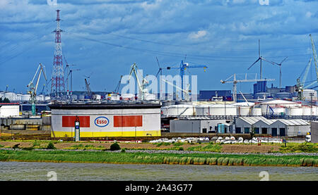 Anvers Belgique 10 Août 2019 L'huile de grandes grues terminal éoliennes et sur le réservoir d'essence Esso Schelde Banque D'Images