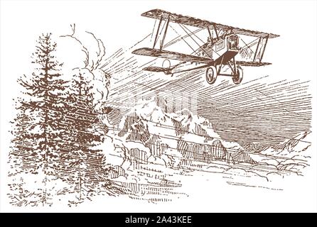 Vol d'avion biplan historique mountaineous sur une région avec des arbres. Après une illustration la lithographie du début du xxe siècle Illustration de Vecteur