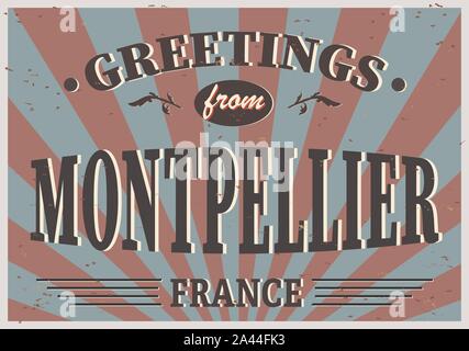 Montpellier Retro Vintage tin sign signe souvenir vecteur ou une carte postale des modèles. Thème du voyage. Illustration de Vecteur