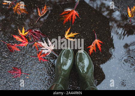 Les pieds dans des bottes en caoutchouc vert olive debout dans une flaque d'eau avec les feuilles tombées. Banque D'Images