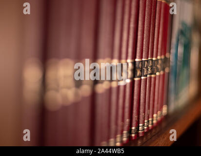 5 octobre , 2019 - Amsterdam, Pays-Bas : rangée de livres sur des étagères en bois Banque D'Images