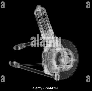 X-ray suspension voiture et le disque de frein sur fond noir, 3d illustration Banque D'Images