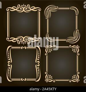 Vector set de cadres dorés décoratifs sur l'obscurité, une décoration simple avec des fioritures pour invitation de mariage, 4 square vintage frontières avec boucles et points Illustration de Vecteur