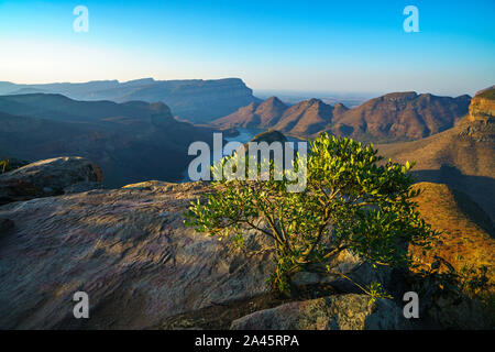 Avis de trois rondavels et le blyde river canyon au coucher du soleil en Afrique du Sud Banque D'Images