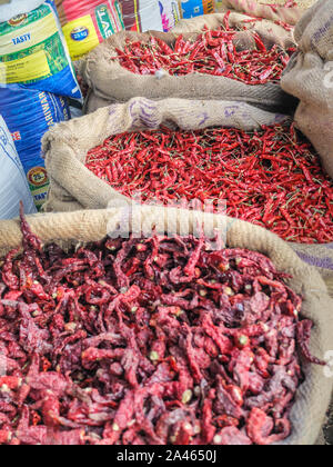 Les grands sacs en tissu plein de plantes de piment séché au soleil affichée à Devaraja market,Centre de Mysore, Karnataka. Banque D'Images