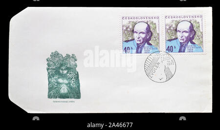 Premier jour Lettre, imprimé par la Tchécoslovaquie, avec timbres-poste annulé qui montrent Andrej Sladkovic vers 1972. Banque D'Images