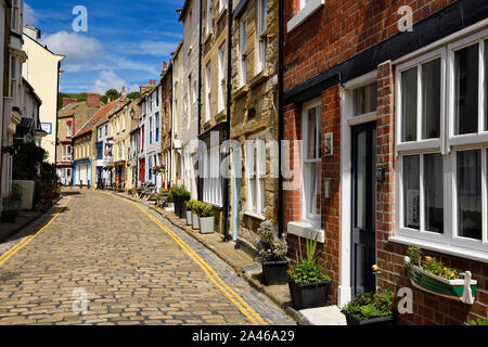 Les plantes en pots et colorée des bâtiments en pierre de soleil sur cobblestone High Street, dans le village balnéaire de Staithes North Yorkshire Angleterre Banque D'Images