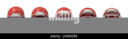 Le rendu 3D de plusieurs casques de football américain en couleur rouge montre la vue de l'avant avec grille avant ouvert différemment. Carrière sportive. Équipement de sport Banque D'Images