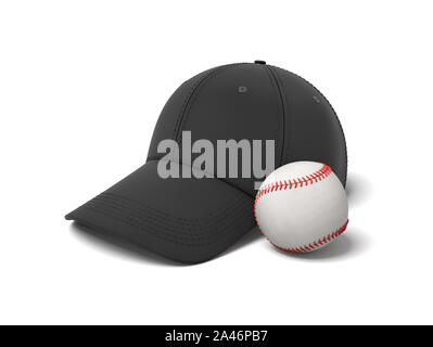 Le rendu 3D d'un baseball blanc avec surpiqûres rouges se trouvant à proximité d'une casquette de baseball noire sur un fond blanc. Cap and ball. Baseball gear. Base de baseball Banque D'Images