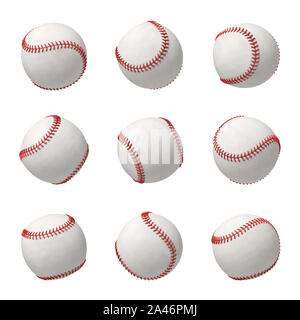 Le rendu 3D d'un ensemble composé de plusieurs balles de cuir blanc avec surpiqûres rouges accroché sur un fond blanc. Le base-ball de tous les côtés. Bat and ball Banque D'Images
