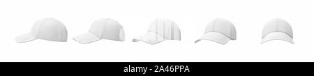 Le rendu 3D de 5 casquettes de baseball blanc illustré dans une ligne d'un côté à l'avant vue sur un fond blanc. Baseball gear. Sport style. American headwea Banque D'Images