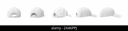 Le rendu 3D de 5 casquettes de baseball blanc illustré dans une ligne de retour à vue de côté sur un fond blanc. Baseball gear. Sport style. American coiffure Banque D'Images